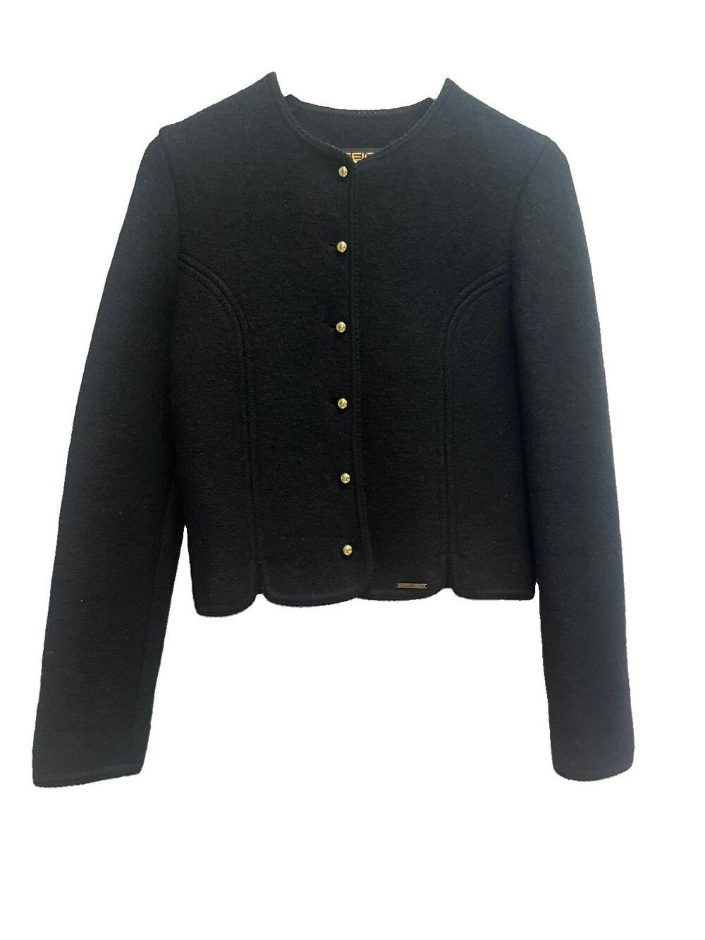 Geiger Austria Wool Jacket Womens 38 Black Gold Buttons Boiled Wool Cropped